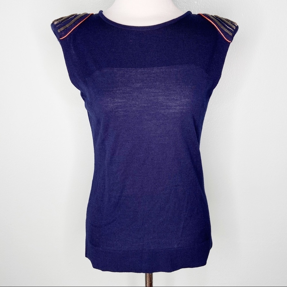 Anthropologie McGinn Navy Blue Sequin Shoulder Top